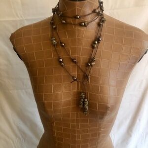 Leather, Pearl, Metal, Bone Beaded Lariat Necklace/ Belt OOAK
